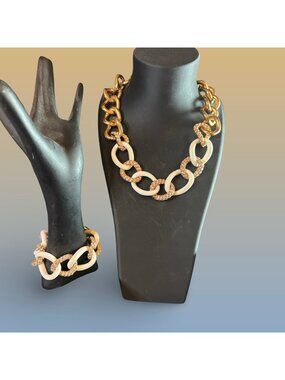 Joan Boyce Gold & White Enamel Rhinestone Chain Necklace & Bracelet Jewelry Set